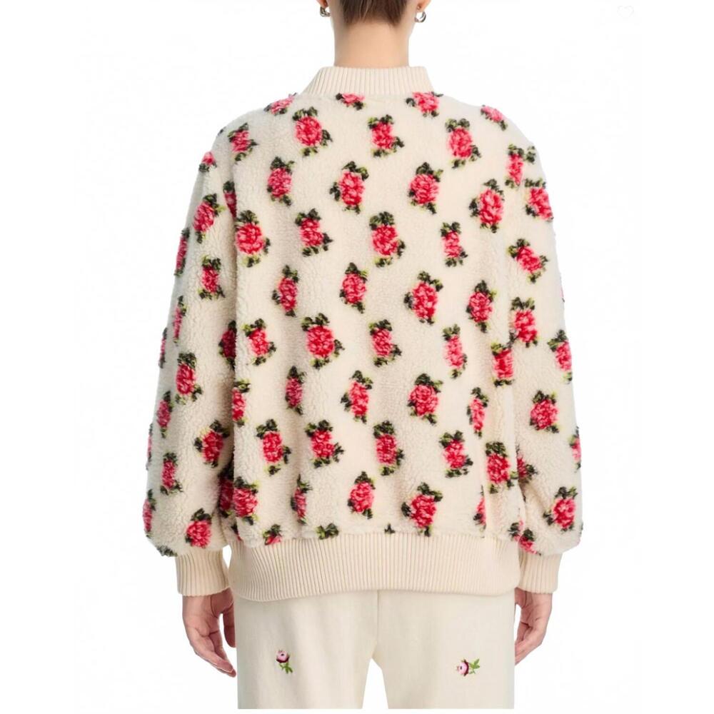 NEW THE GREAT. zip front rose bomber jacket in cream/red - Picture 3 of 4